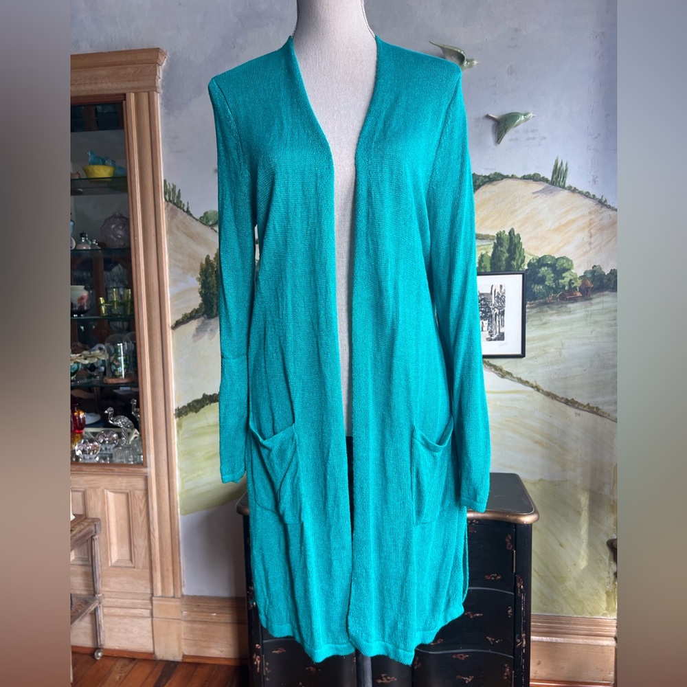 J Jill turquoise linen blend cardigan size medium